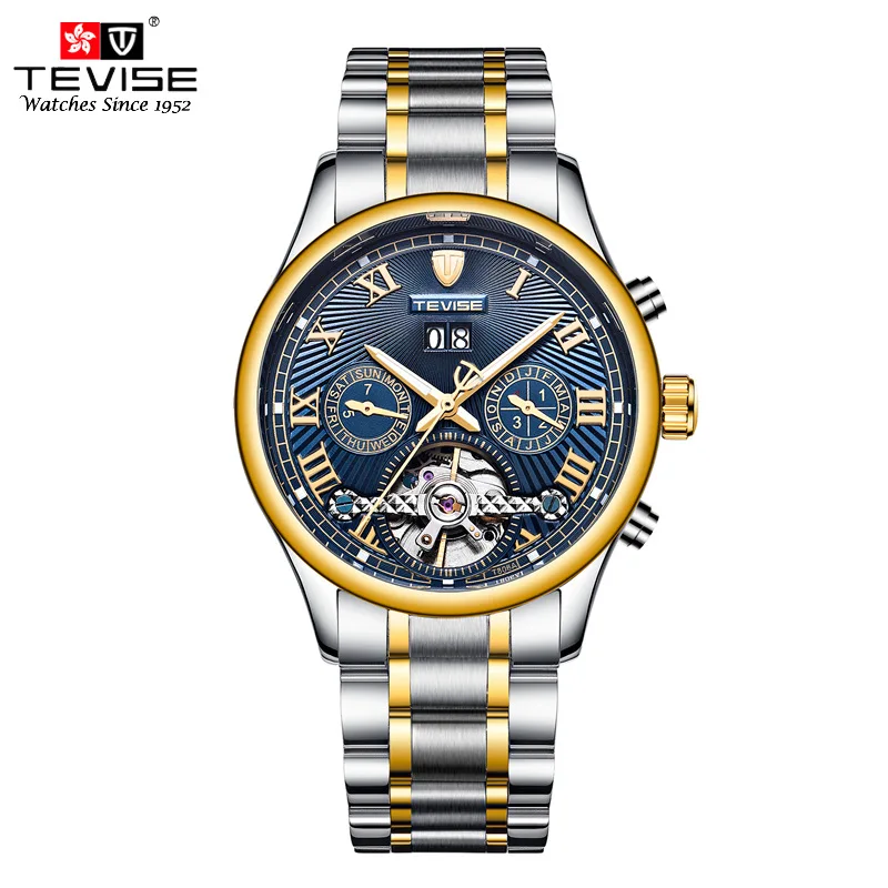 

TEVISE Tourbillon Automatic Skeleton Wristwatches Men Auto Date Week Month Watches Mechanical Self Wind Full Steel Watches T806A