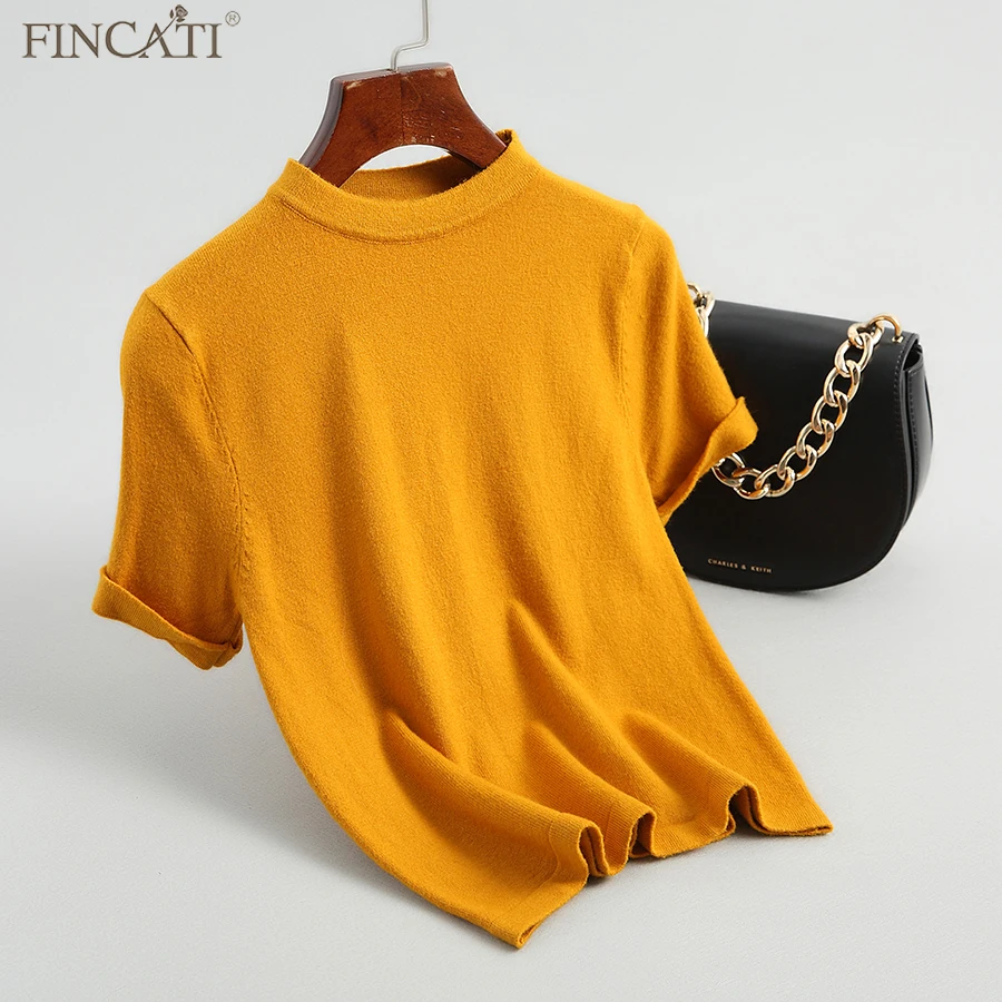 

Women Base Shirt Fincati 2018 New Arrival All-Match Solid Colors Short Sleeves Slim High Elastic Pullover Office Lady Base Tops