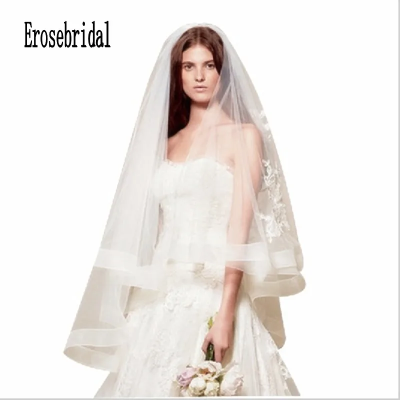 Erosebridal Новое поступление 2019 года два слои с расческой свадебная фата короткая свадебная вуаль кружево бисера лентой край