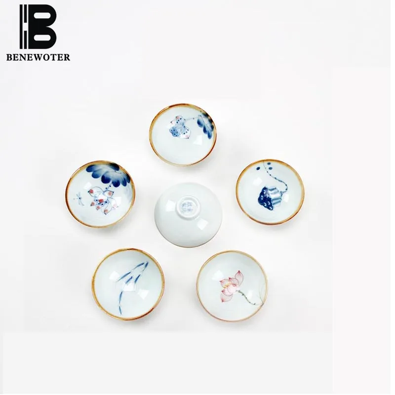 Китайский Ручная роспись лотоса рыбы керамический фарфор Jingdezhen Чай чашки Шапки