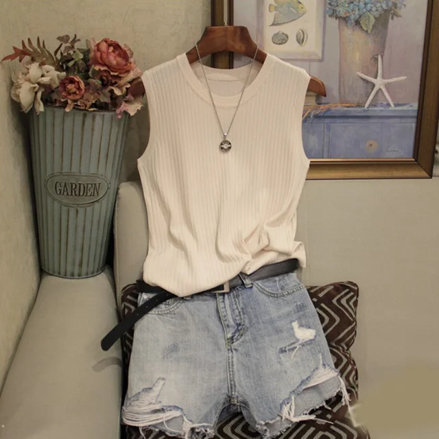 Knitted Vests Women Top O-neck Solid Tank Fashion Female Sleeveless Casual Thin Tops 2022 Summer Knit Woman Shirt Gilet Femme apricot