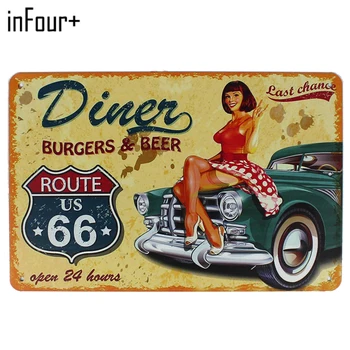 

[inFour+] Diner Route 66 Beauty Metal Signs Home Decor Vintage Tin Signs Pub Vintage Decorative Plates Metal Wall Art Plaques