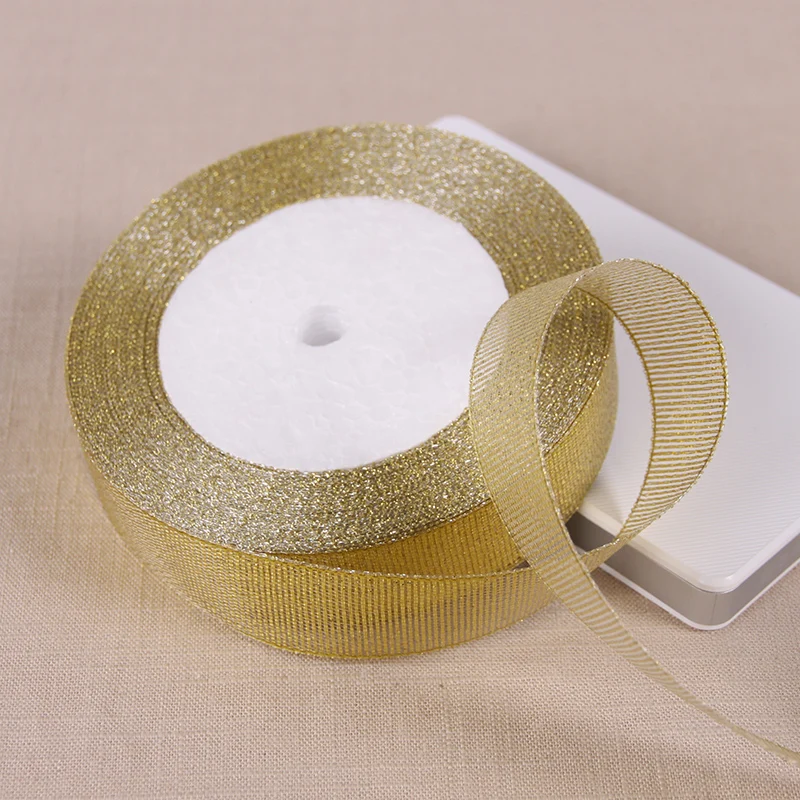 6/"(20 мм) 25 ярдов золотые, серебряные, металлические блестящие ленты для рукоделия, швейная ткань для рождественской вечеринки, свадебные принадлежности, подарочная упаковка - Цвет: Gold