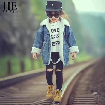 

HE Hello Enjoy Girls Jean Jacket Winter Fashion Kids Coat Girl Clothes Lamb Wool Cowboy Cotton Denim Outerwear Children Clothing