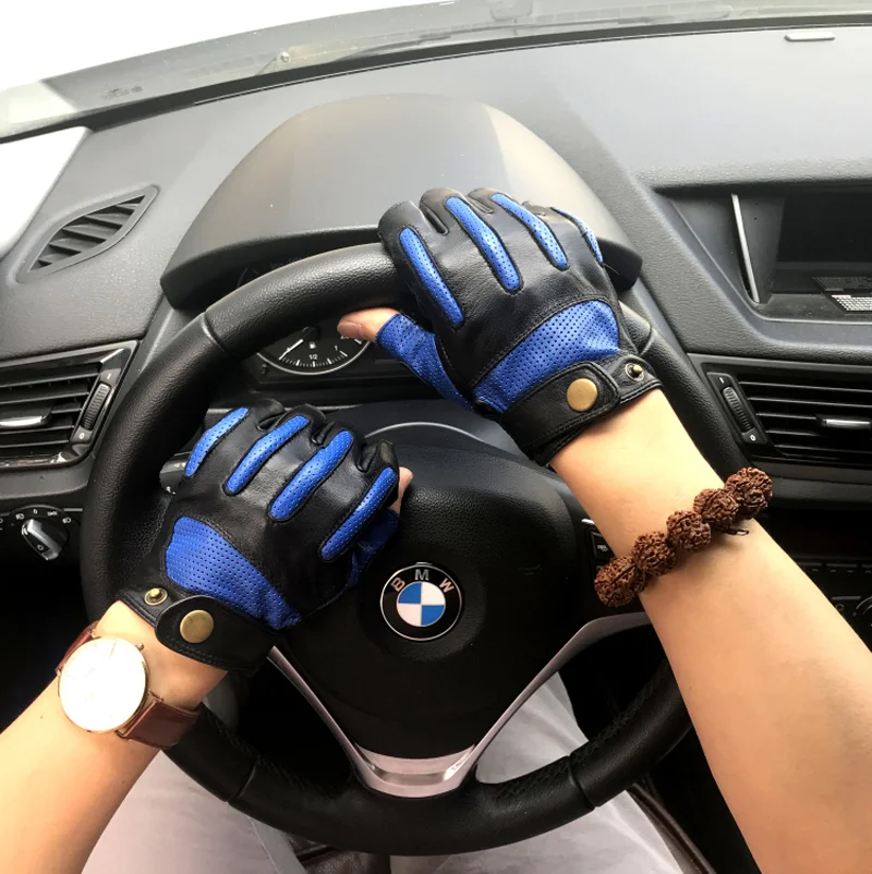 Мужские кожаные перчатки с дырками и пуговицами, дышащие перчатки из натуральной кожи, новые модные летние мужские перчатки для вождения, перчатки на полпальца