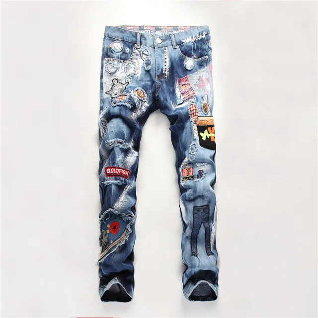 Famous designer brands high quality denim patchwork ripped jeans for
