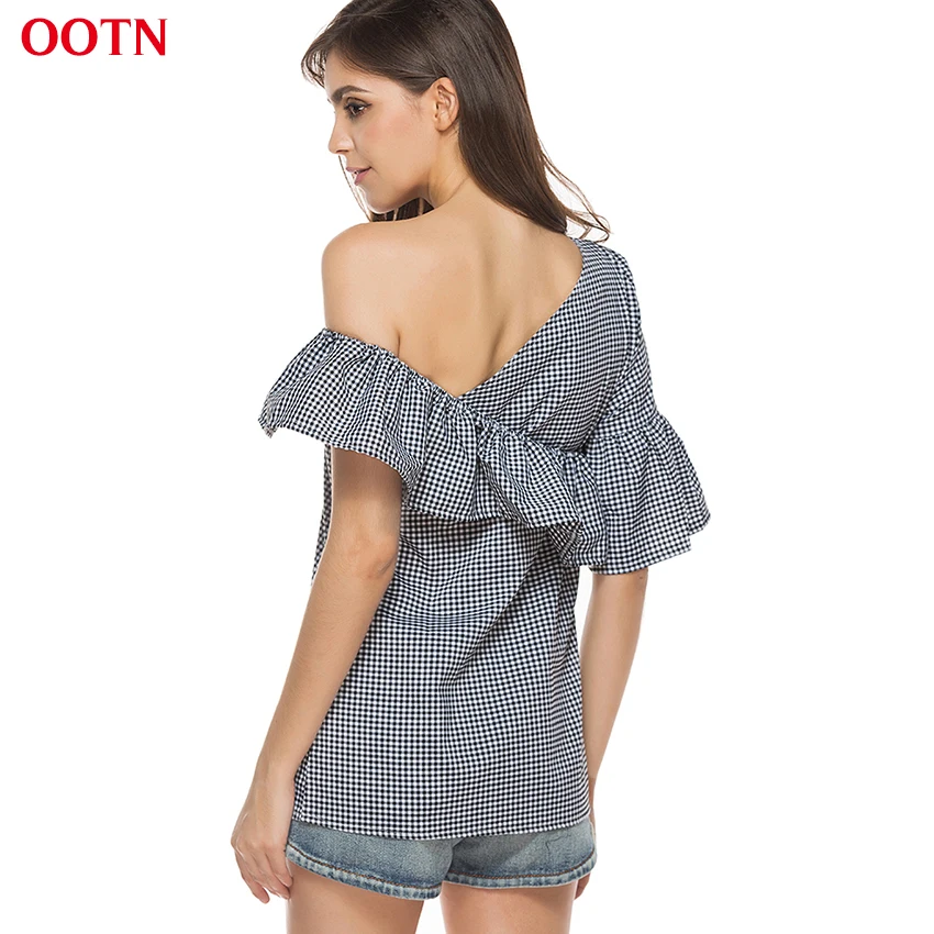 OOTN Women Ruffled Plaid Tops Gingham Shirt Female Cotton