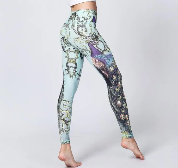 

For Women Yoga ninth pants Peacock printed tights Colorful Floral print leggings fitness trousers