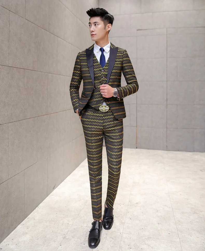 Mens Suit Gold Stripe Wave Design Beach Wedding Tuxedo
