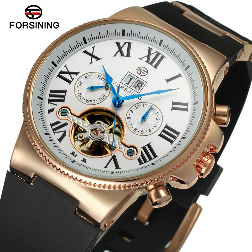 

Forsining Tourbillon Mechanical Watches Men Luxury Brand Silicone Band Automatic Wristwatch Auto Date Roman numerals Dial Clock
