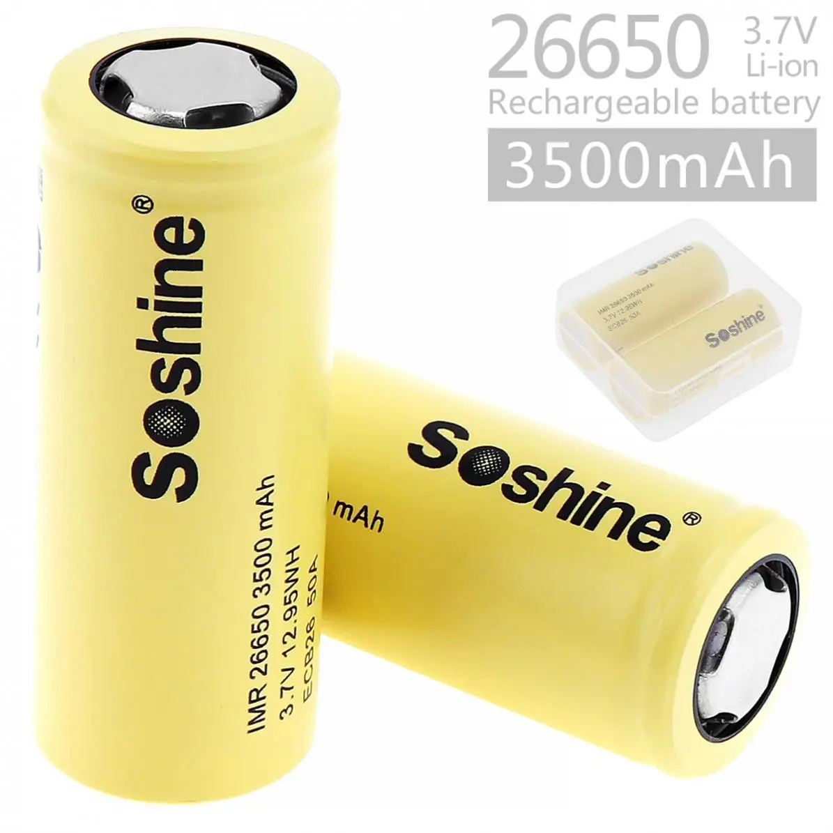 

2pcs Soshine 3500mAh IMR 26650 50A 3.7V 12.95WH ECB26 Rechargeable Li-ion Battery with Safety Relief Valve + Battery Box