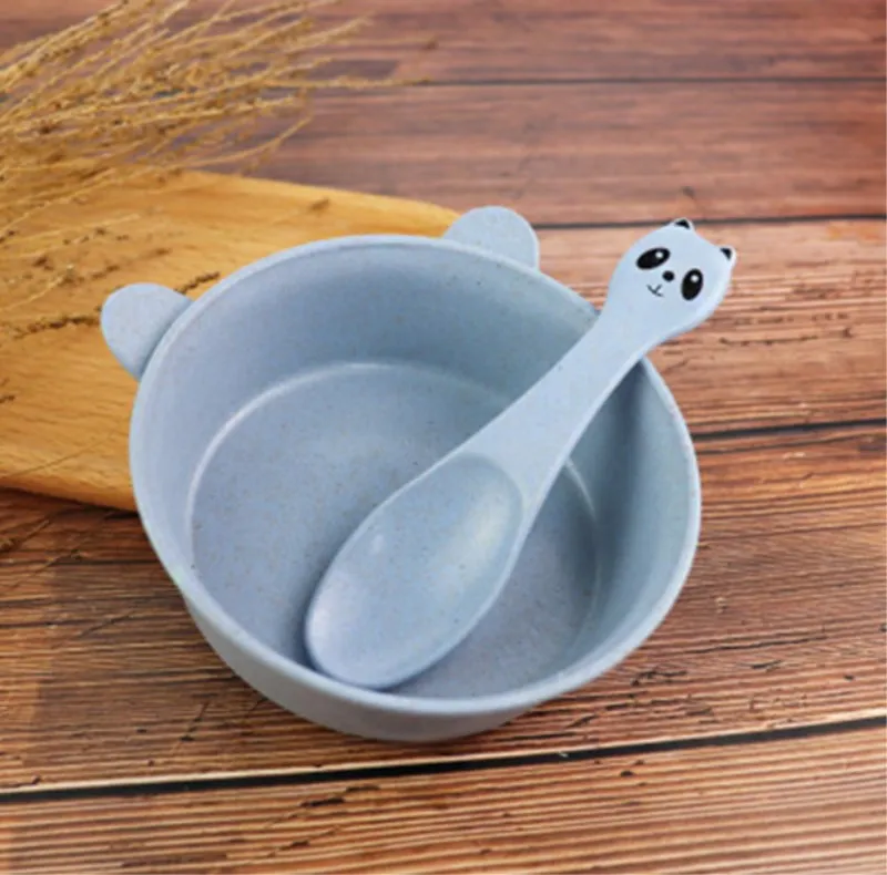 2 шт./компл. для детских бутылочек, Еда посуда панда пшеницы детская посуда eco-friendly Детские тренировочные столовые приборы для тарелочной чаши ложка - Цвет: panda blue