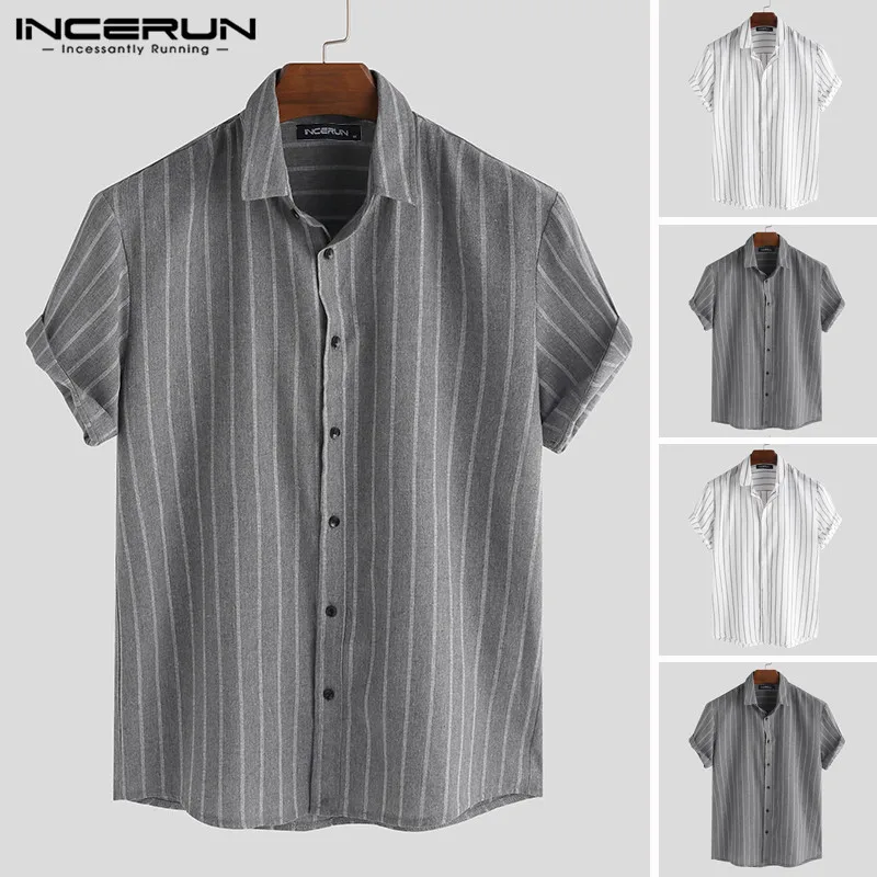 

Fashion Shirt Men Striped Cotton Button Up Short Sleeve Tops Casual Breathable Handsome Men Brand Shirts Streetwear INCERUN 2019