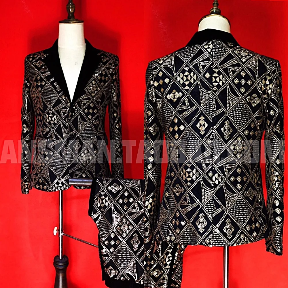 

2019 new bar male stage singer DJ gold geometric embroidery slim suit European and American men personality suit costume suit