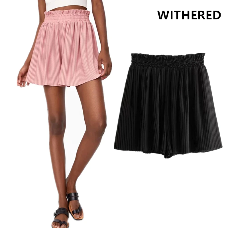 

Withered shorts women high street candy color pleated elastic waist loose short feminino plus size women short plus size