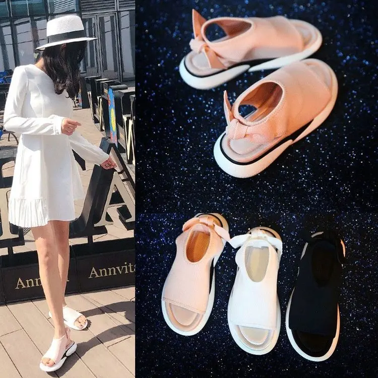 

Summer New Style Fashion Bow Personality Sandals Female Flat Woven Mixed with Casual Shoes Fish Mouth Sandals