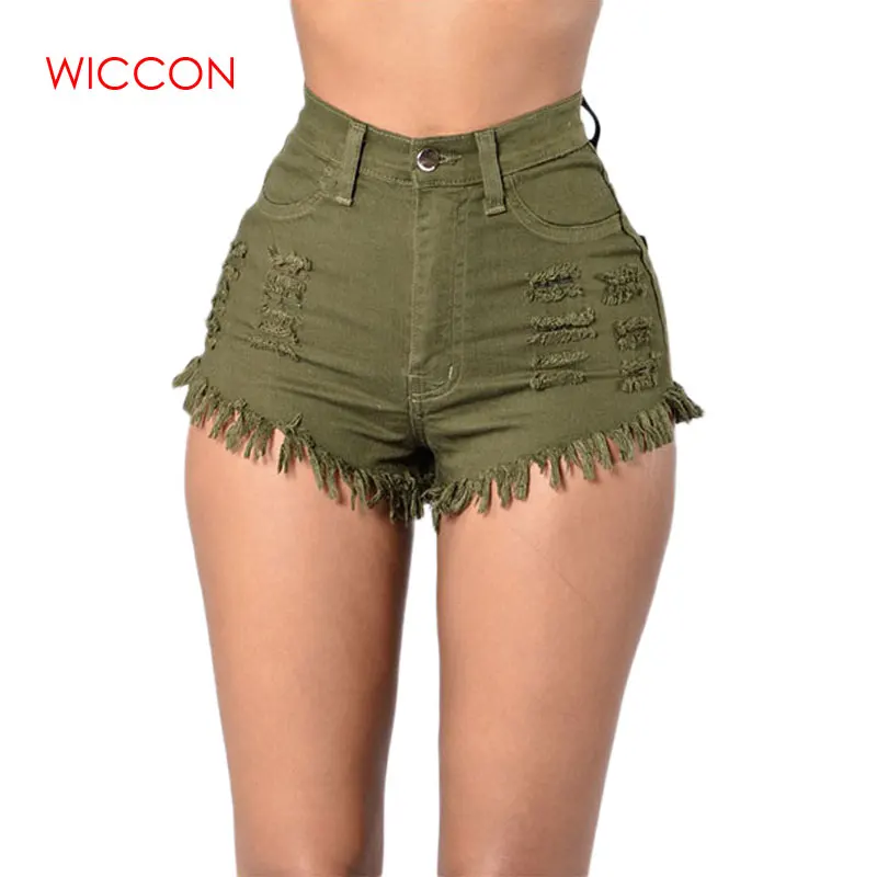 Для женщин стрейч джинсовые шорты летние тонкие повседневное пикантные короткие женский Кнопка Fly рваные с высокой талией однотонные узкие