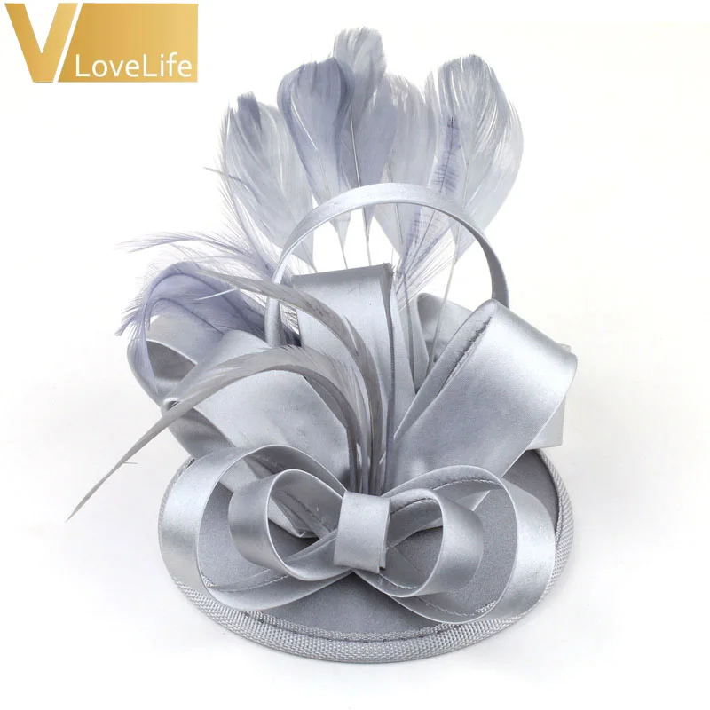 Модная женская винтажная сатиновая Вуалетка, заколка-шляпка с перьями, Топпер, вечерние, свадебные скачки, аксессуары для волос - Цвет: Silver