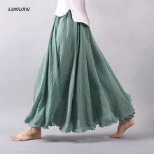 Высококачественные богемные женские льняные хлопковые длинные юбки комплект пуловер+ кожаная юбка макси юбки пляжный однотонный винтажные летние юбки