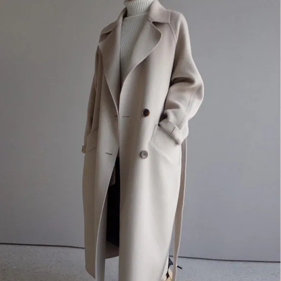 Sharezz зимнее шерстяное Женское пальто с широким нагрудным поясом и карманами, шерстяное пальто, длинное шерстяное пальто, верхняя одежда, manteau femme hiver