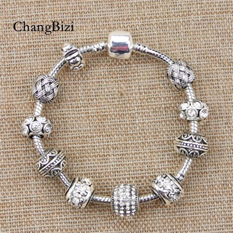 

ChangBizi Antique Silver Plated Fashion Elegant Charm Pandora Bracelets & Bangles with white Chamilia Beads For Women BT0132