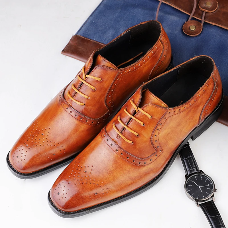 

2019 Men's Brogue Shoes Genuine Leather Luxury brand formal shoes male Plus Size Retro business Square Top lace-up footwear
