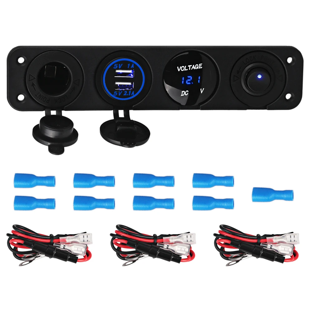 Red LED Dual USB Car Charger+Voltmeter+12V Power Socket On-Off Switch Panel Kit