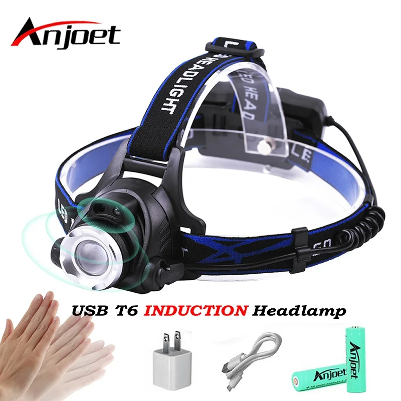 Anjoet LED Headlamp T6 Zoomable Head lamp Flashlight Torch Headlight Lanterna With Body Motion Sensor Camping 18650 Battery | Освещение