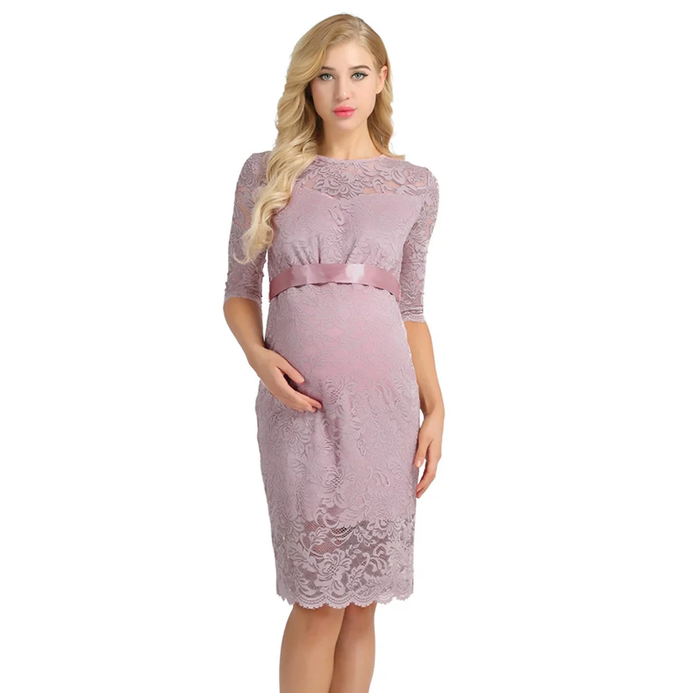 Womens Maternity Elegant Floral Lace Overlay Half Sleeve Vestidos Parties Pregnant Maternity Dresses for Photo Shoot Dress