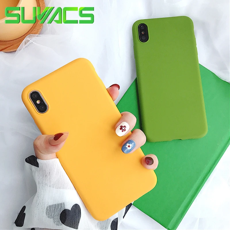 

SUYACS Yellow & Green Phone Case For iPhone XR XS MAX X 6 6S 7 8 Plus Plain Candy Colors Matte Soft TPU Phone Back Cover Cases