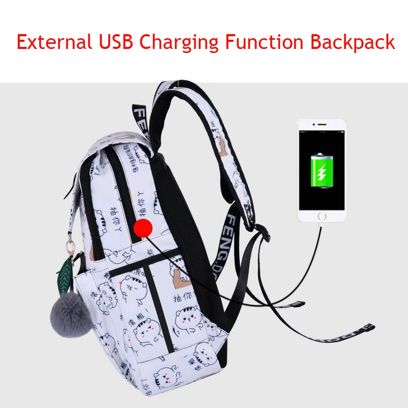 Женский рюкзак с принтом Fengdong черный школьный USB для девочек подростков модная