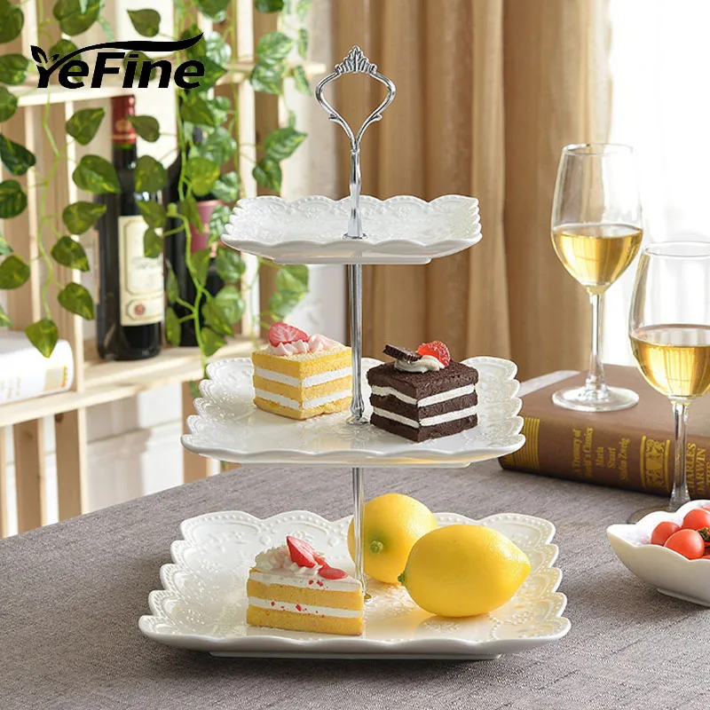 YeFine Exquisite Three Layer Plate Decorative Emboss Porcelain Meal Tableware Dish Craft Accessories for Pastry Sweet