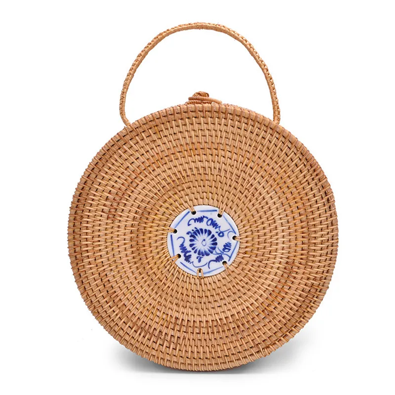

Women's Handbags Handmade Woven Bag Rattan Round Blue White Porcelain Beach Holiday Straw Bag Retro Handbag Woman Bags
