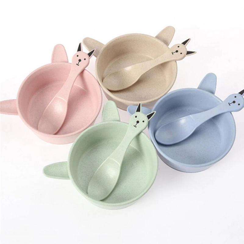 Lovely Children Tableware Set Big Ears Rabbit Shape Bowl+Fun Pattern Spoon Wheat Straw Material Kids Resistance Feeding Bowl