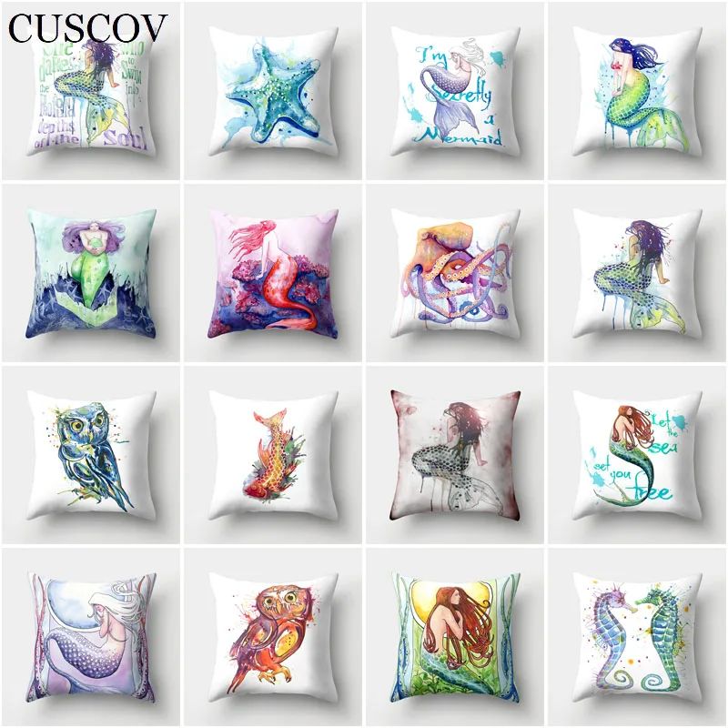 

CUSCOV new animal dacron sofa cushion cover colorful mermaid wedding decoration home pillowcase beautiful owl chair pillow cover