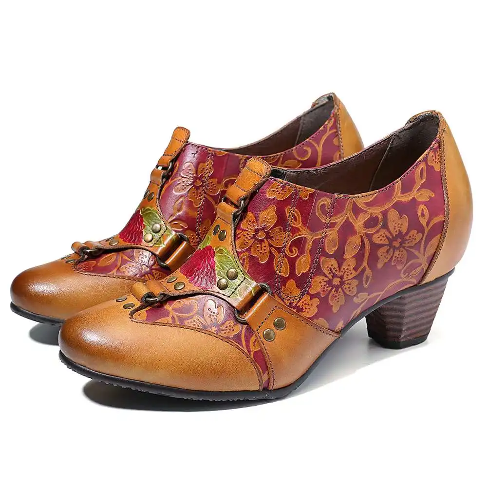 SOCOFY/ковбойские туфли-лодочки из натуральной кожи на низком каблуке без застежки с ручной росписью в стиле ретро с цветочным узором и заклепками; элегантная женская обувь на высоком каблуке
