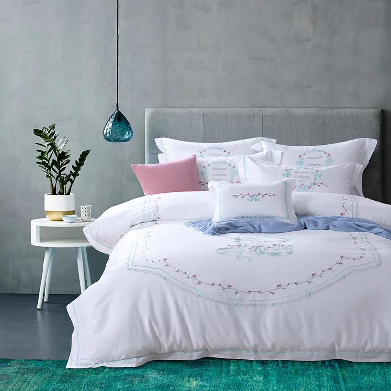 

4/7Pcs Egyptian cotton Bedding Set Queen King Size girls Bed Set feather Embroidery Duvet Cover Bed Sheet Bed Linen