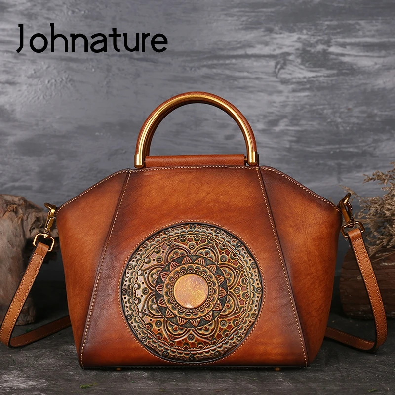 

Johnature 2024 New Vintage Totem Embossing Women Handbag Handmade Genuine Leather Bag Real Cowhide Shoulder & Crossbody Bags