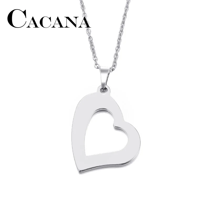 CACANA Stainless Steel Necklace For Women Man Lover's Askew Heart Gold And Silver Color Pendant Necklace Engagement Jewelry