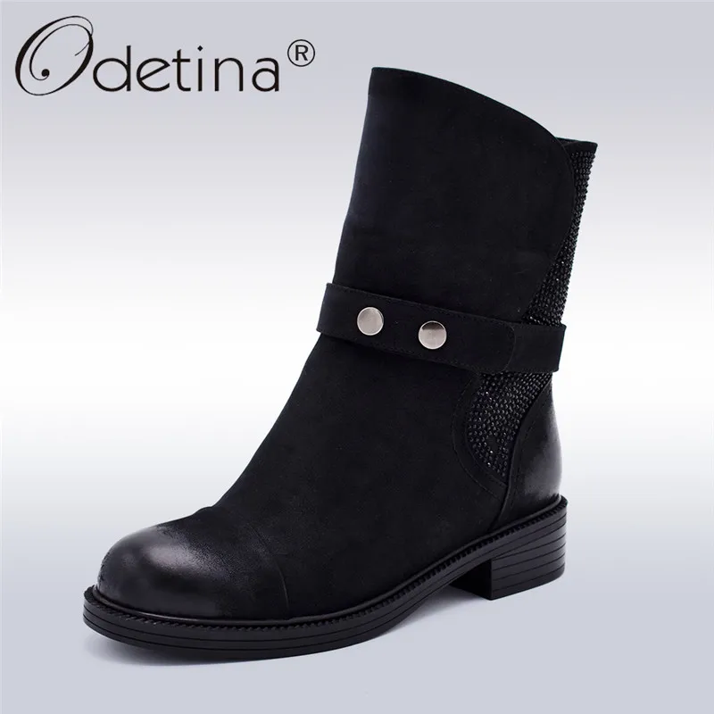 

Odetina New Fashion Winter Ankle Boots For Women Comfortable Square Low Heels Round Toe Crystal Zipper Warm Plush Boots Shoes