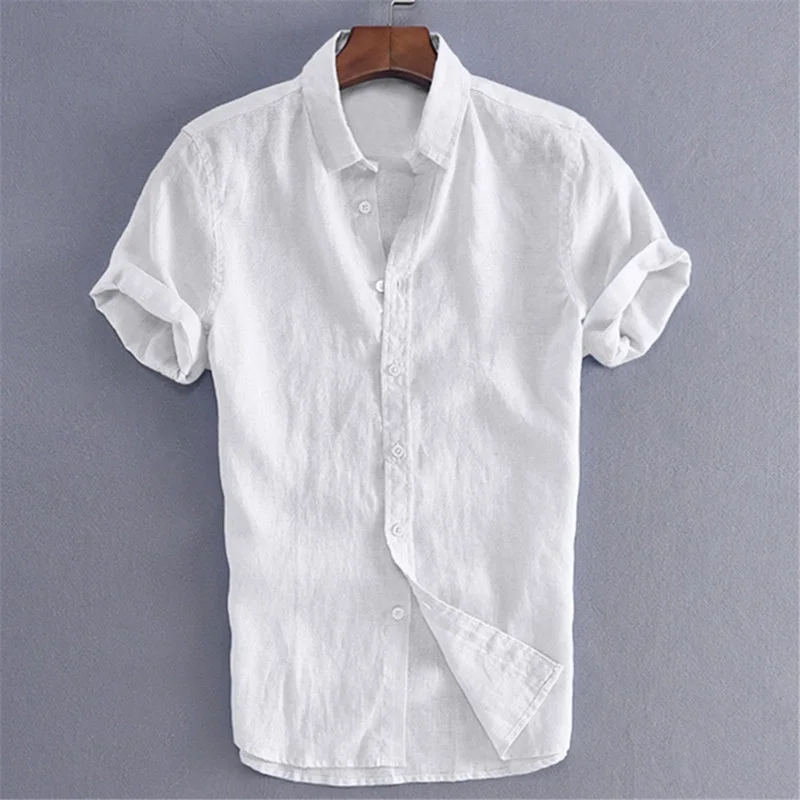 

Helisopus Casual Linen Men's Shirts Summer Turn-down Collar Short Sleeve Shirts Solid Color Breathable Leisure Shirt Camisa