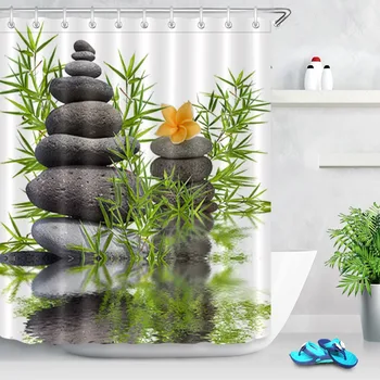 

LB 72'' Zen Garden Green Bamboo Spa Black Stone Flower Shower Curtain Polyester Fabric Bathroom Curtains for Bathtub Home Decor