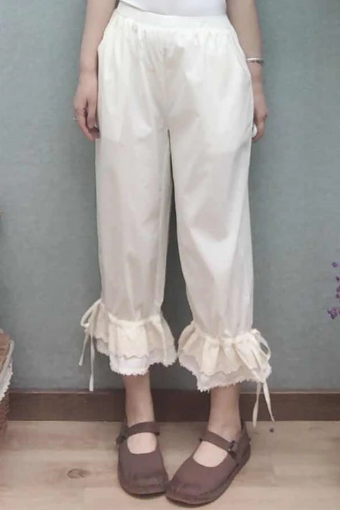 

Cute Mori Girl Elastic Waist Lace Up Summer Pants Loose Wide Leg Cotton Hippie Boho Pantalone Mujer Sweet Lolita Trousers Pants
