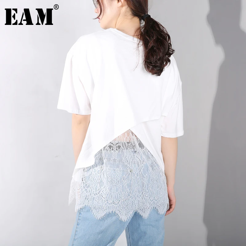 

[EAM] 2019 New Spring Summer Round Neck Short Sleeve Back Irregular Lace Stitch Loose T-shirt Big Size Women Fashion Tide JU754