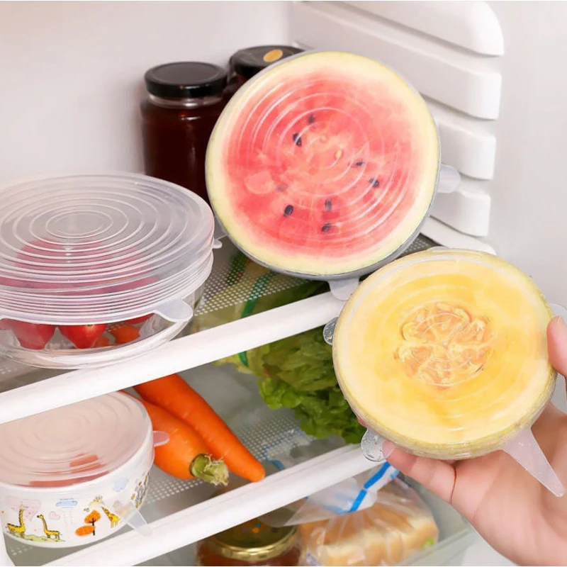 

Hot 6pcs/set Silicone Lids Durable Reusable Food Wrap Stretch Vacuum Seal Save Cover Heat Resisting Fits Kitchen Organization