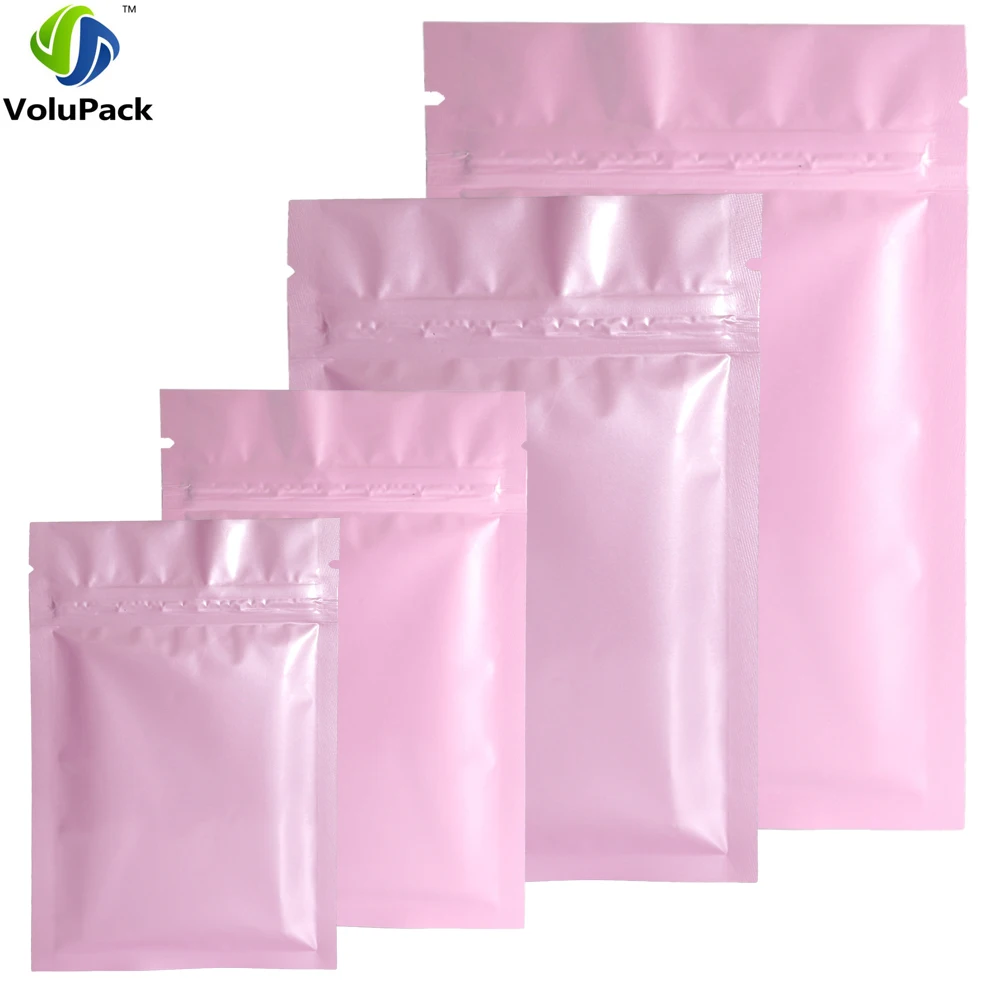 

High Quality 100pcs Zipper Top Flat Storage Bag Heat Sealing Metallic Mylar Glossy Pink Zip Lock Bags with Tear Notch