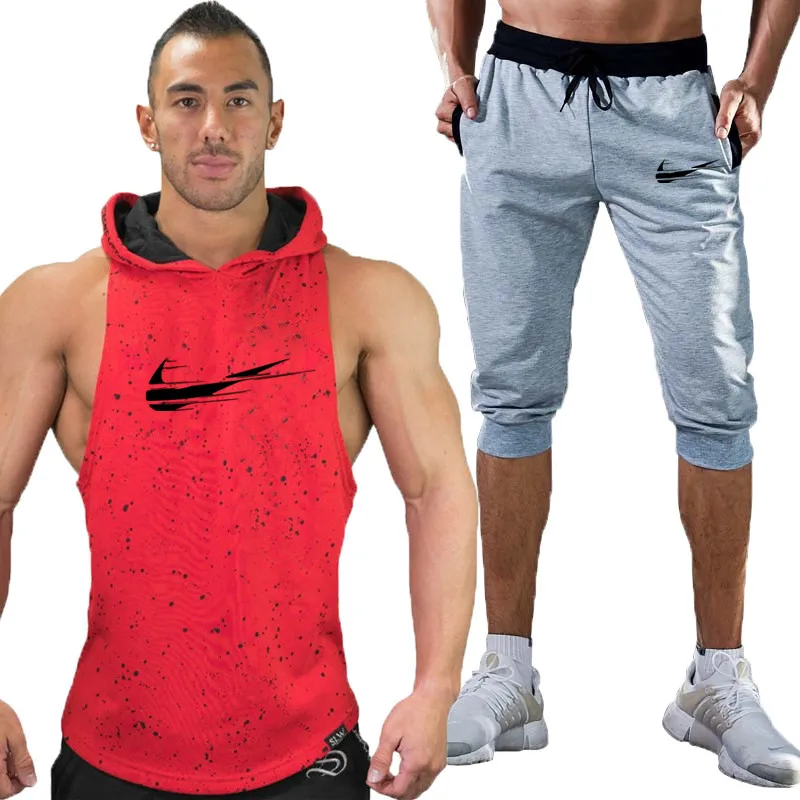 

Summer Hot Sale Men's Sets Hooded tank top +short pant Two Pieces Sets Casual Tracksuit Male 2019 Gyms Fitness men tank top
