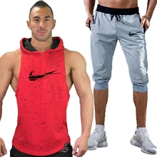 Summer Hot Sale Men's Sets Hooded tank top +short pant Two Pieces Sets Casual Tracksuit Male 2019 Gyms Fitness men tank top