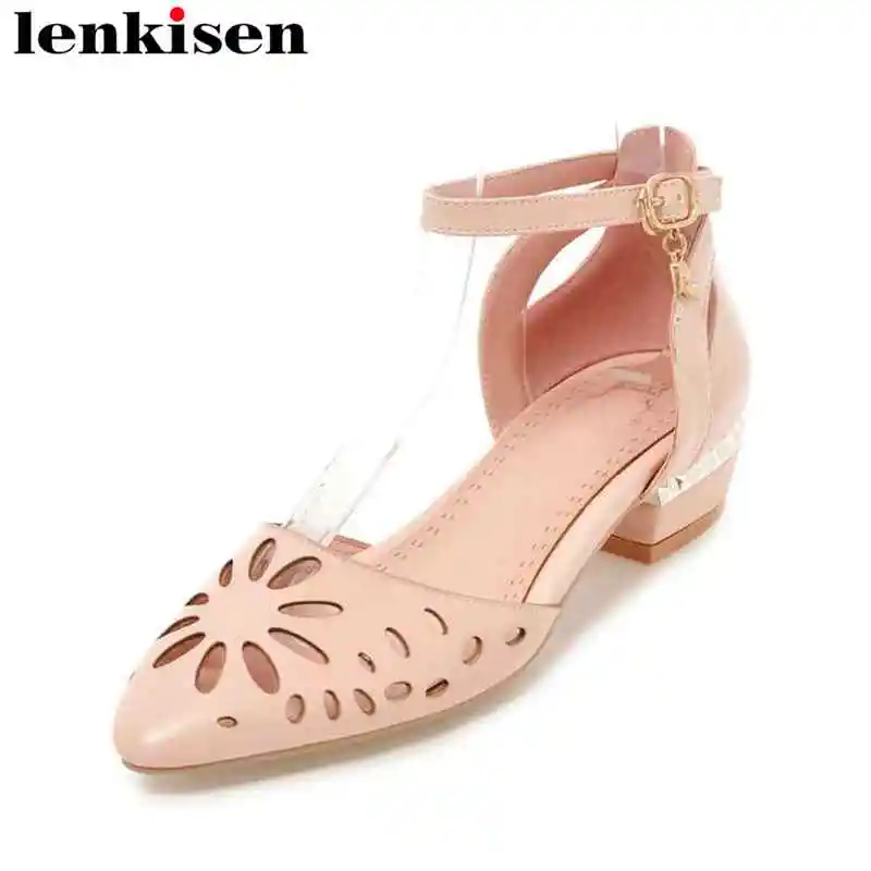 

Lenkisen office lady solid round toe metal buckle strap PU low heels big size beautiful carving meeting women summer sandals LC9
