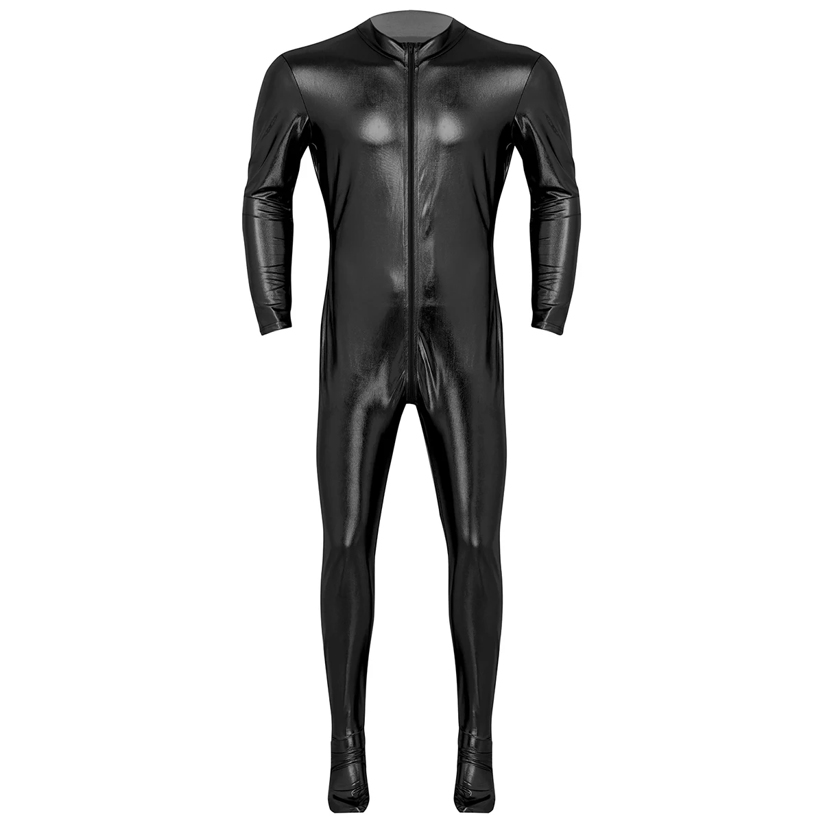 Mens Metallic Spandex Bodysuit Lycra Shiny Catsuit Sexy Unisex Zentai Full Body Suit Costume Clubwear Wet Look One Piece Unitard - Цвет: Black